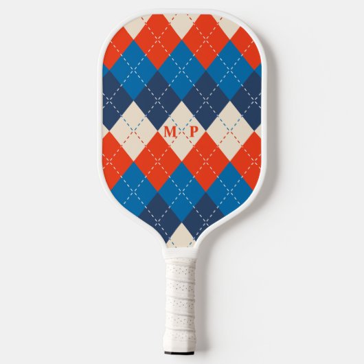 Blauw, Sinaasappel, en Wit Preppy, Sportieve Argyl Pickleball Paddle (Achterkant)