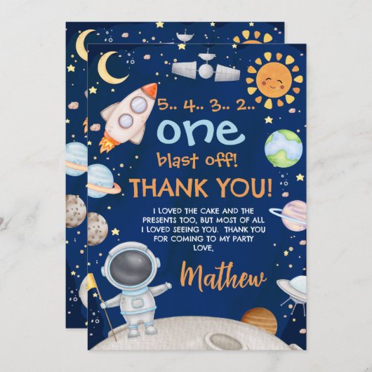 Blauw Sinaasappel Outer Space Verjaardag Dank u ka Kaart (Voorkant / Achterkant)
