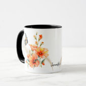 Blauw Sinaasappel Poppy Floral Butterfly Mok (Voorkant links)