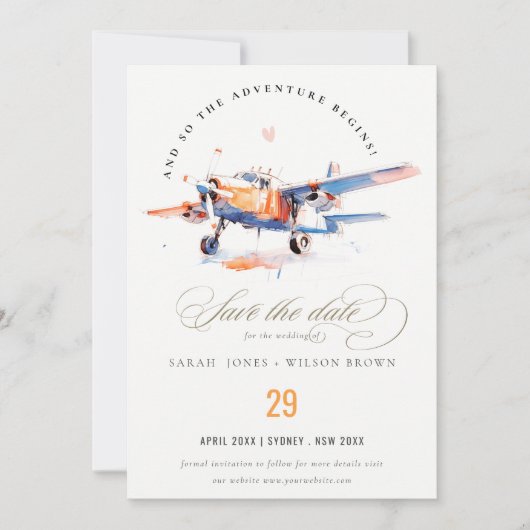 Blauw Sinaasappel Roze Waterverf Vliegtuig Foto br Save The Date (Voorkant)