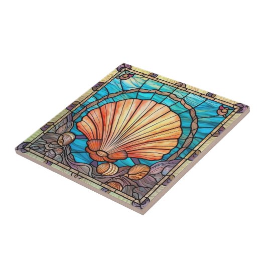 Blauw Sinaasappel Seashell Glas in lood Tegeltje (Zijkant)