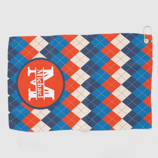 Blauw Sinaasappel Wit Preppy Sportief Argyle Perso Golfhanddoek (Horizontaal)