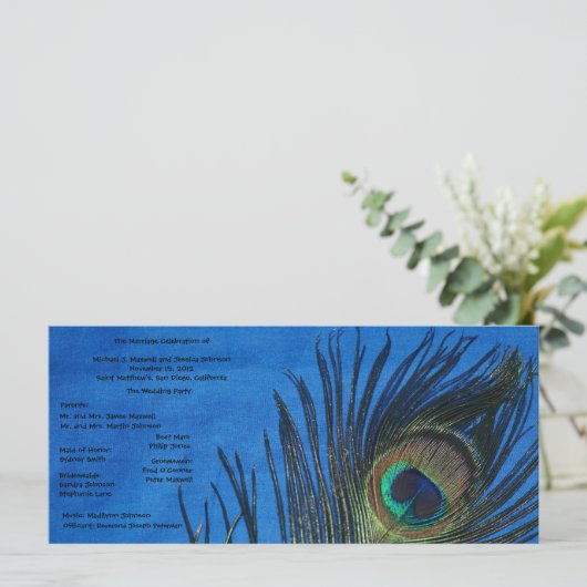 Blauw Single Peacock Wedding Programma (Staand voorkant)
