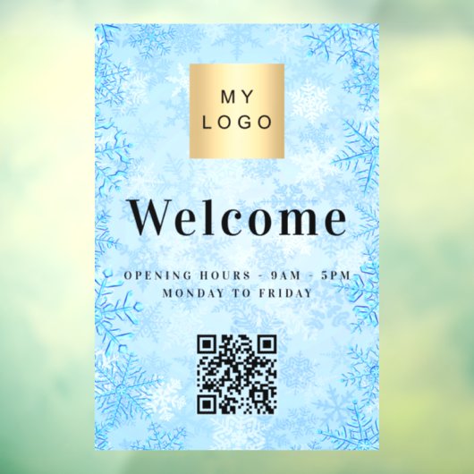 Blauw sneeuw bedrijf logo welkomst open QR-code Raamsticker (Vel 3)