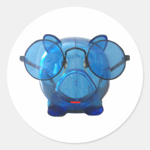 Blauw Spaarvarken met Glazen Ronde Sticker