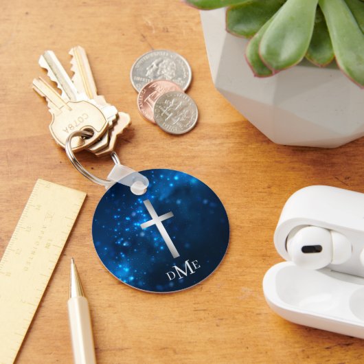 Blauw Sparkle Licht Silver Cross Monogram Sleutelhanger (Bureau)