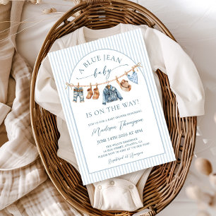 Blauw spijkerbaby strepen en denim baby shower kaart