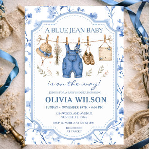 Blauw spijkerbloem waslijn meisje baby shower kaart