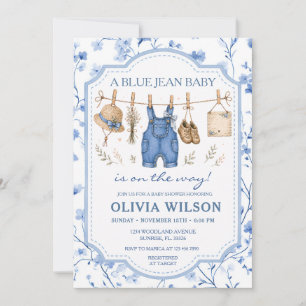 Blauw spijkerbloem waslijn meisje baby shower kaart