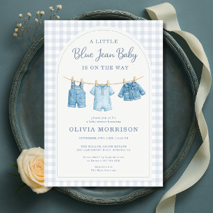 Blauw spijkerbroek baby geruite baby shower kaart