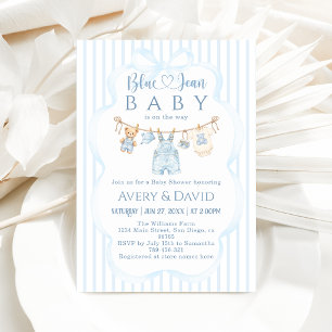 Blauw spijkerbroek babyfeest jongen moderne streep kaart