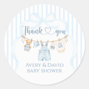 Blauw spijkerbroek babyfeest jongen moderne streep ronde sticker