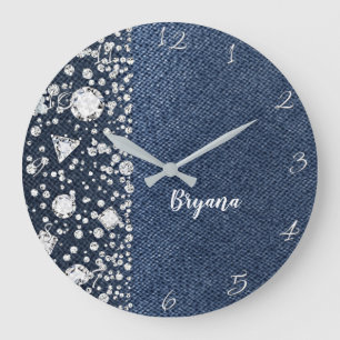 Blauw Spijkerbroek Denim & Diamanten Glitters Diam Grote Klok