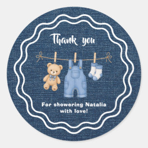 Blauw Spijkerbroek Denim Teddybeer Babyshower Beda Ronde Sticker