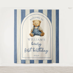 Blauw spijkerbroek teddybeer 1e verjaardag foto ac wandkleed