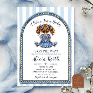 Blauw spijkerbroekje baby meisje babyshower uitnod kaart