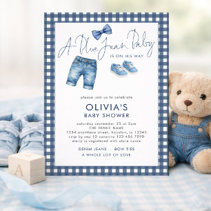 Blauw Spijkerstof Jongen Gingham Baby Shower Kaart