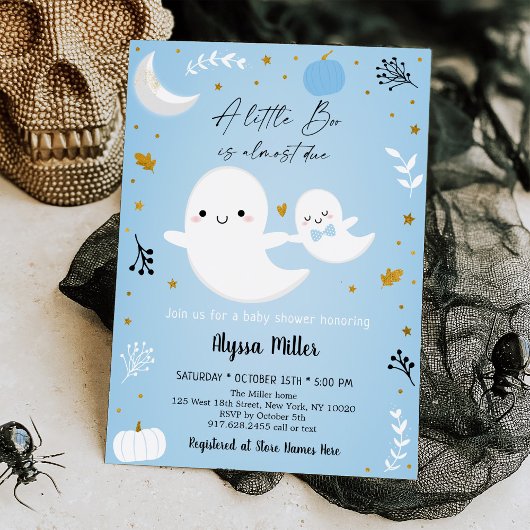 Blauw spook Little Boo Halloween baby shower Kaart