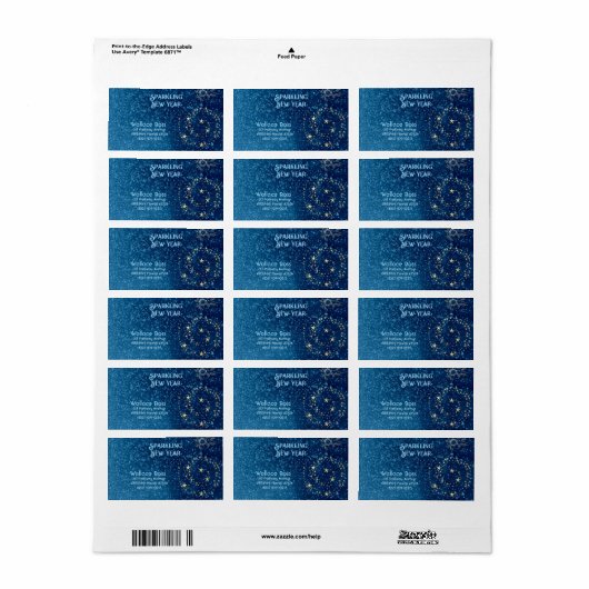 Blauw sprankelend Nieuwjaar Glitter Stars Bloemenf Etiket (Full Sheet)