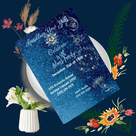 Blauw sprankelend Nieuwjaar Glitter Stars Bloemenf Kaart
