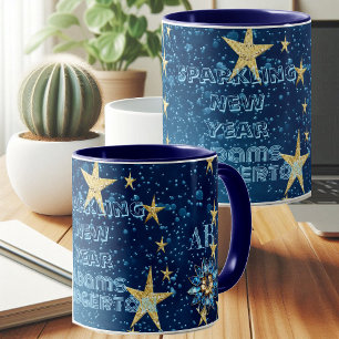 Blauw sprankelend Nieuwjaar Glitter Stars Bloemenf Mok