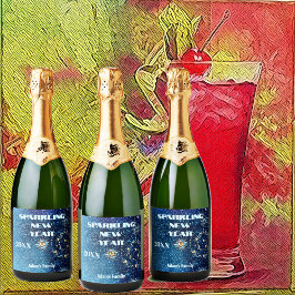 Blauw sprankelend Nieuwjaar Glitter Stars Bloemenf Sparkling Wijnetiket