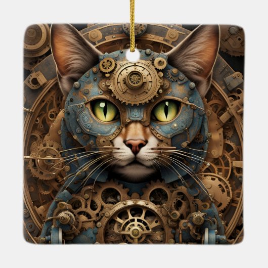 blauw steampunk cat AI art ornament (Achterkant)