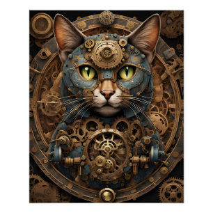 blauw steampunk cat AI art poster Perfect Poster