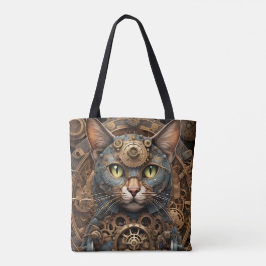 blauw steampunk cat AI kunst canvas tas (Achterkant)