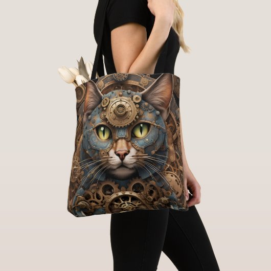 blauw steampunk cat AI kunst canvas tas (Dichtbij)