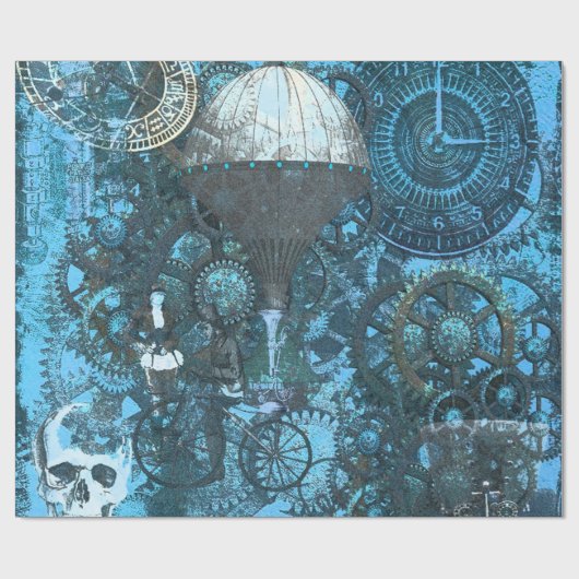 Blauw Steampunk Wrapping Papier (Vlak)