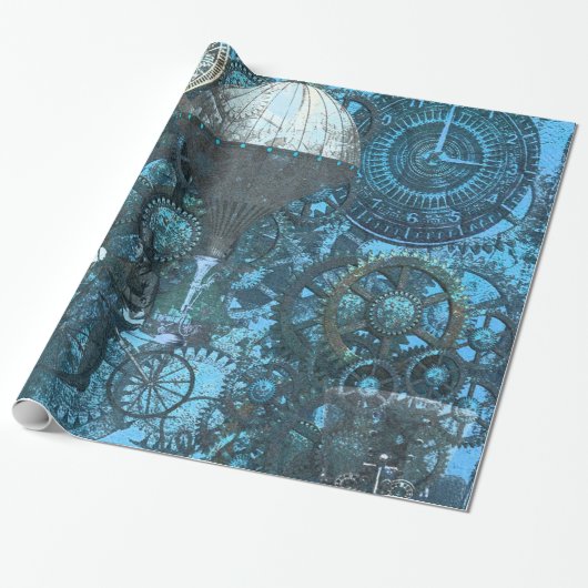 Blauw Steampunk Wrapping Papier (Uitgerold)