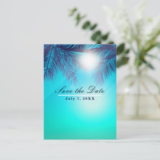 Blauw STRAND FEEST Zonnige Palmboom Datum opslaan Aankondigingskaart (Staand voorkant)
