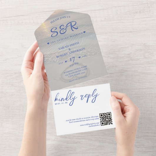 Blauw Strand Hart QR Code Bruiloft All In One Uitnodiging (Afscheurbaar)