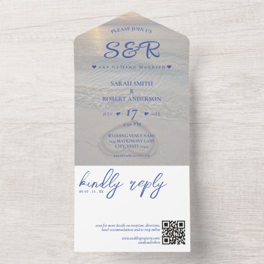 Blauw Strand Hart QR Code Bruiloft All In One Uitnodiging (Binnen)