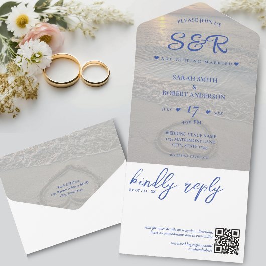 Blauw Strand Hart QR Code Bruiloft All In One Uitnodiging
