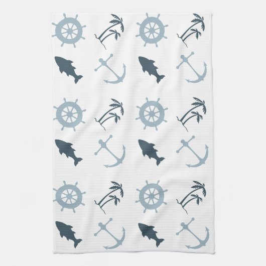 Blauw strand verankert palmbomen theedoek (Verticaal)