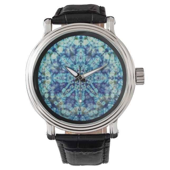 Blauw Stropdas-kleurstof Mandala Horloge (Voorkant)
