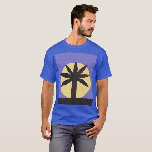 Blauw T-shirt met palmboom en volledige maan (Voorkant volledig)
