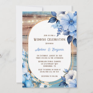 Blauw Tan Hout Lichten Bloemen Bruiloft Viering Kaart