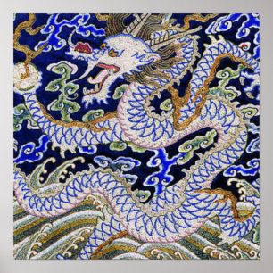blauw  tattoo Embroidery dragon Poster
