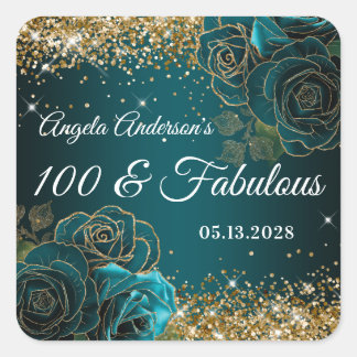 Blauw Teal Bloemig Goud Glitter Glam 100 & Fabulou Vierkante Sticker