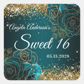 Blauw Teal Bloemig Goud Glitters Glam Sweet 16 Vierkante Sticker