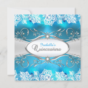 Blauw Teal kant & zilveren Frame Quinceanera Kaart