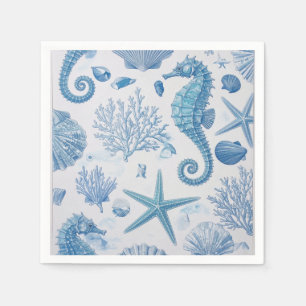 Blauw Teal Zeepaardje Schelp Zeester Oceaan Patroo Servet