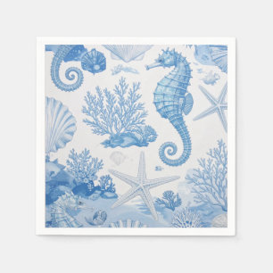 Blauw Teal Zeepaardje Schelp Zeester Oceaan Patroo Servet
