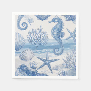 Blauw Teal Zeepaardje Schelp Zeester Oceaan Patroo Servet