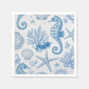 Blauw Teal Zeepaardje Schelp Zeester Oceaan Patroo Servet