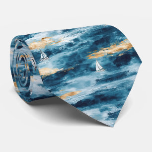 Blauw Teal Zeilboot Kustgolfpatroon Stropdas