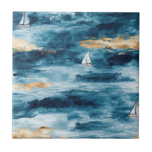 Blauw Teal Zeilboot Kustgolfpatroon Tegeltje